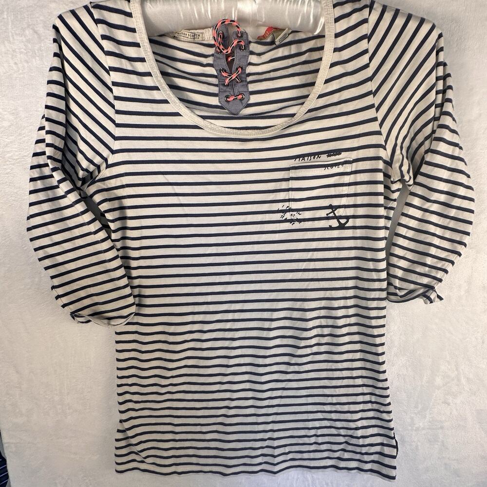 RARE! 3/4 Sleeve Maison Scotch & Soda Rio Brazil Striped Nautical Shirt Sz 2 S